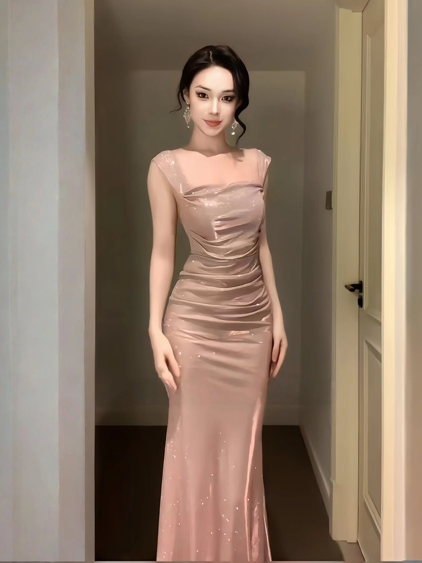 Sparkly Mermaid Square Neck Pink Sequin Long Cruise Ship Formal Night Evening Dresses 19th Birthday Outfit RB5749