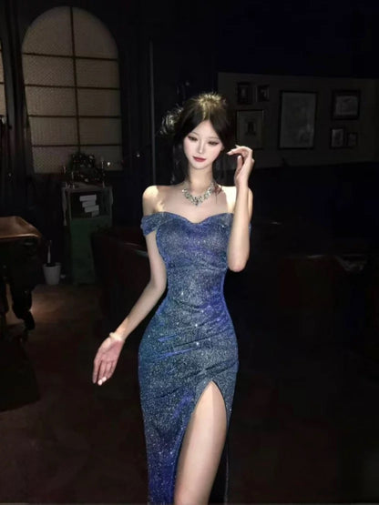 Sparkly Mermaid Off The Shoulder Navy Blue Sequin With Split Cruise Ship Formal Night Party Dresses 19th Birthday Outfit RB5756