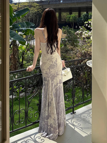 Sexy Mermaid Spaghetti Strap Floral Long Cruise Ship Formal Night Evening Dresses 19th Birthday Outfit RB5759