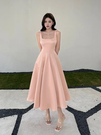 Sexy A line Square Neck Pink Satin Midi Length Cruise Ship Formal Night Party Dresses 19th Birthday Outfit RB5761