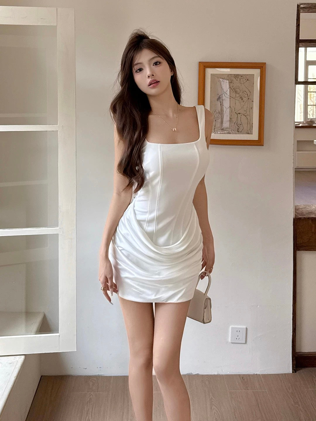 Cute Sheath Square Neck White Satin Short Birthday Gown Homecoming Dresses Ideas Hoco Outfits RB5770
