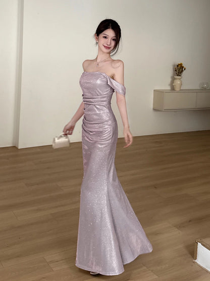 Sparkly Mermaid Off The Shoulder Pink Sequin Cruise Ship Formal Night Party Dresses 19th Birthday Outfit RB5766