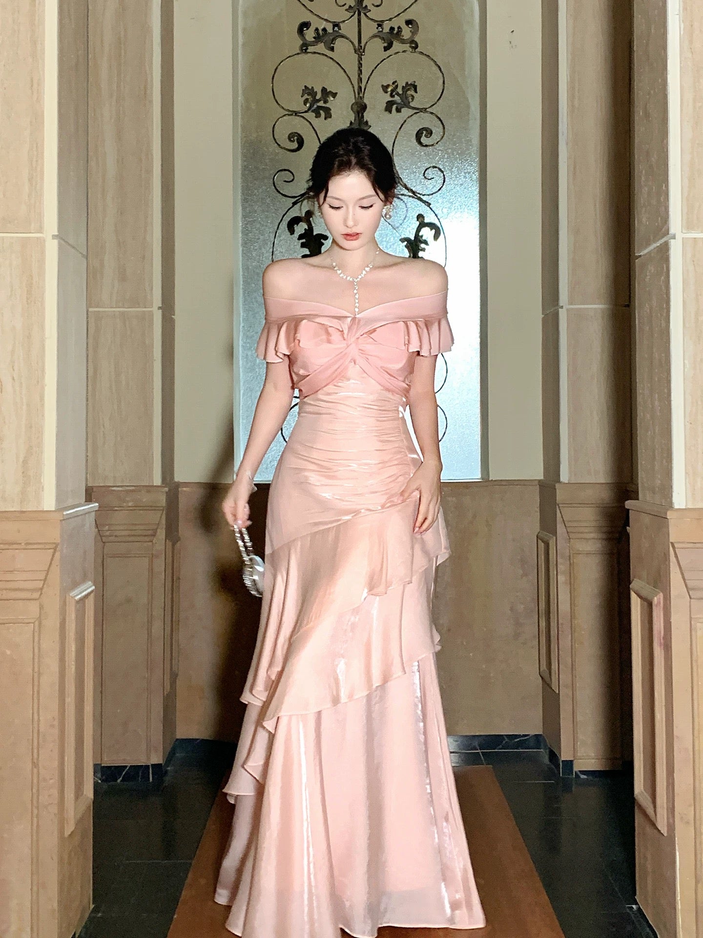 Modest Mermaid Off The Shoulder Pink Cruise Ship Formal Night Prom Gown Party Dresses 19th Birthday Outfit RB5767