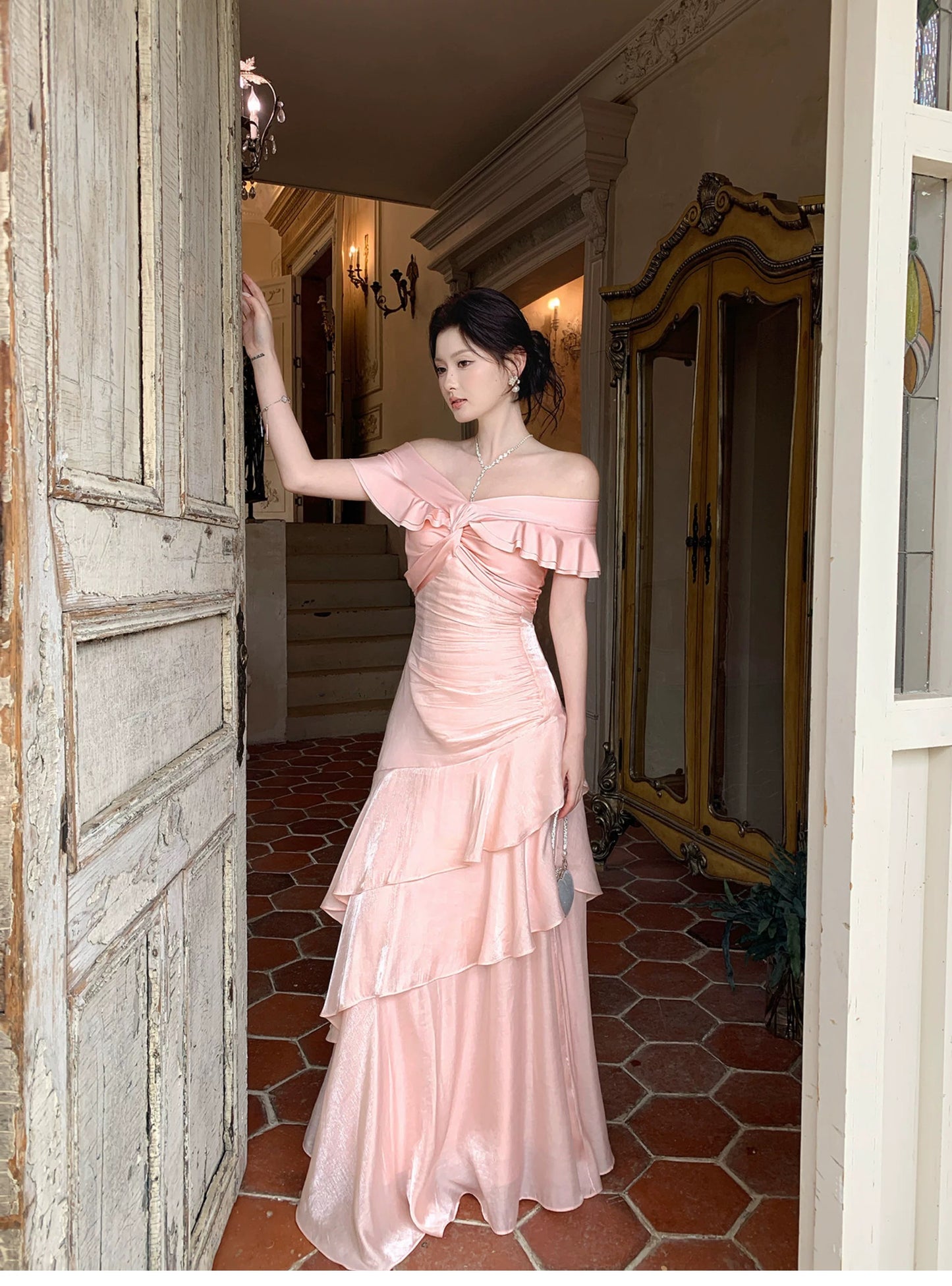 Pretty Mermaid Off The Shoulder Pink Cruise Ship Formal Night Prom Gown Party Dresses 19th Birthday Outfits RB5768