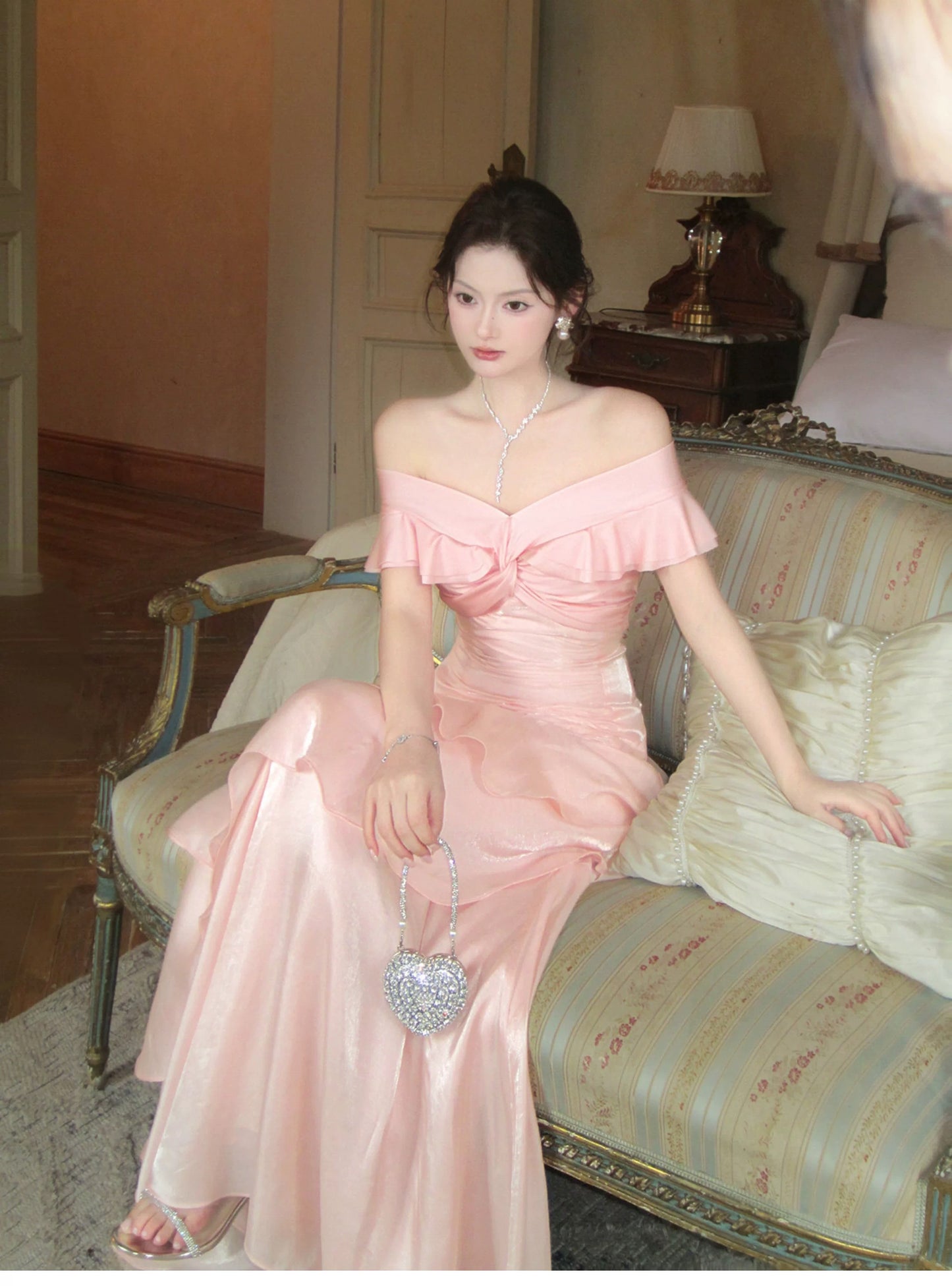 Pretty Mermaid Off The Shoulder Pink Cruise Ship Formal Night Prom Gown Party Dresses 19th Birthday Outfits RB5768
