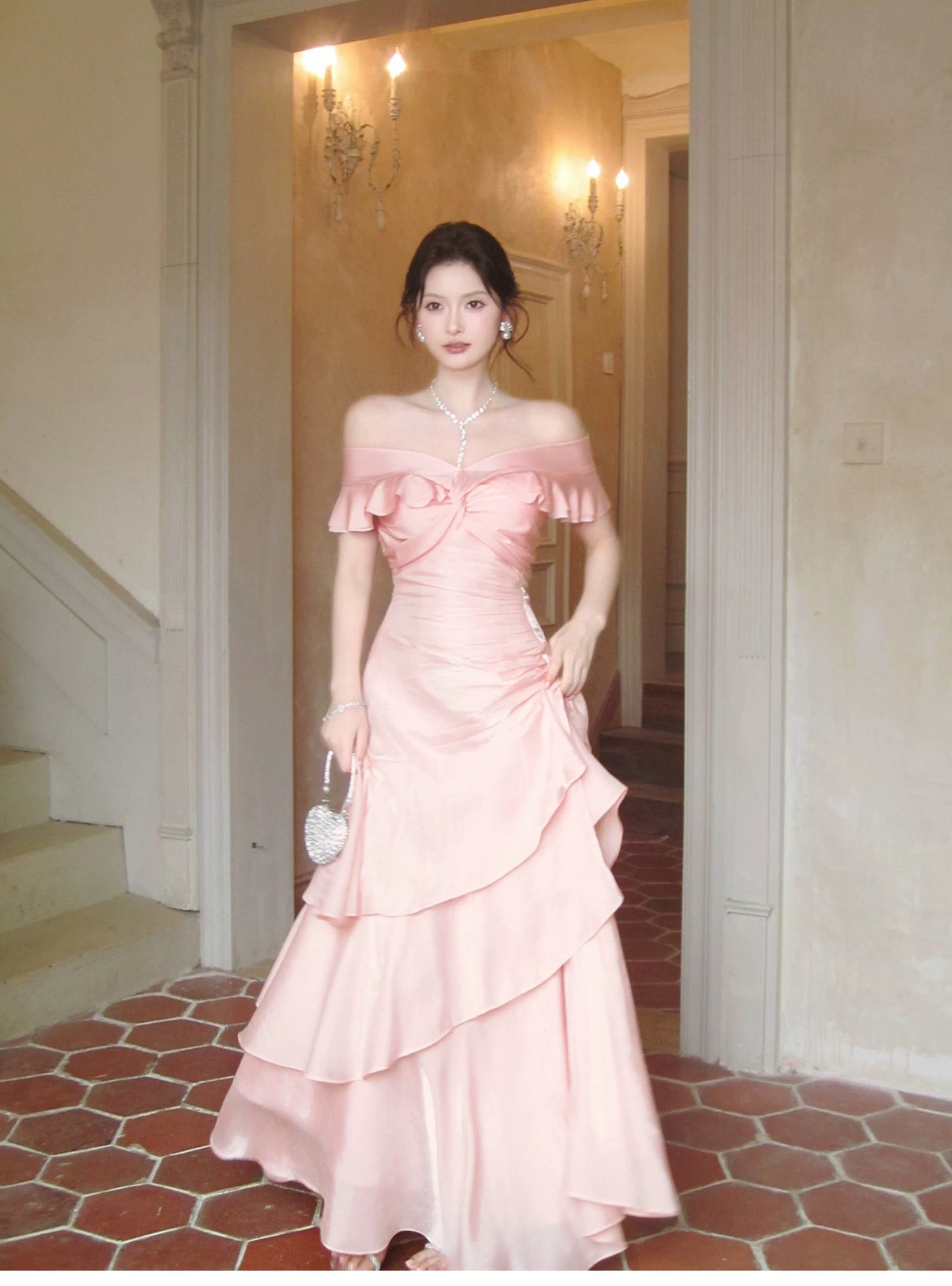 Pretty Mermaid Off The Shoulder Pink Cruise Ship Formal Night Prom Gown Party Dresses 19th Birthday Outfits RB5768
