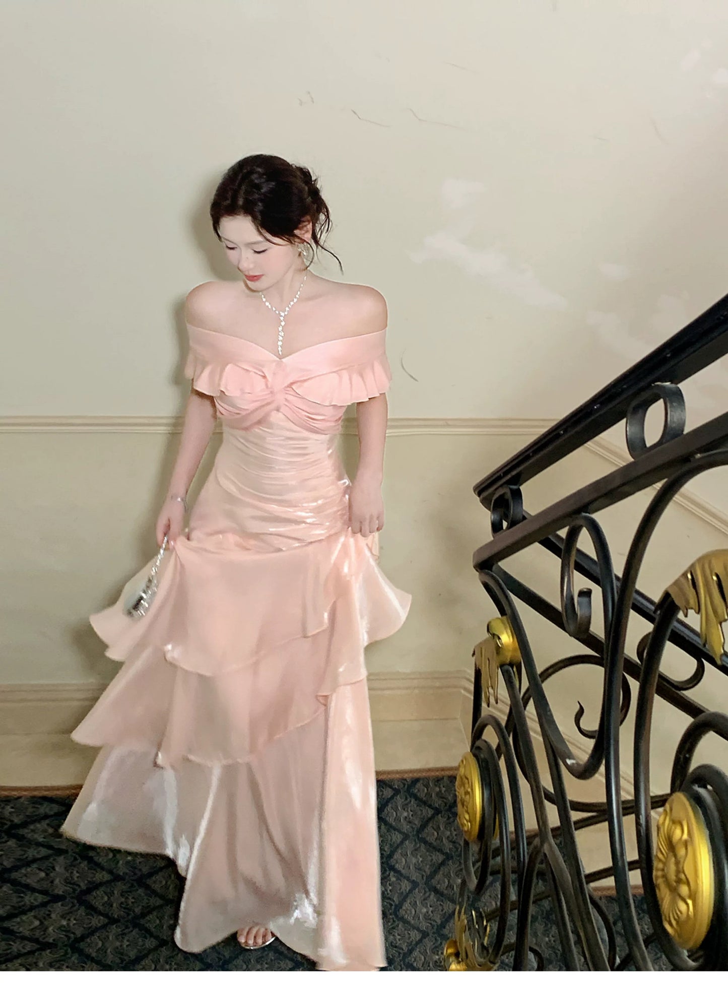 Pretty Mermaid Off The Shoulder Pink Cruise Ship Formal Night Prom Gown Party Dresses 19th Birthday Outfits RB5768