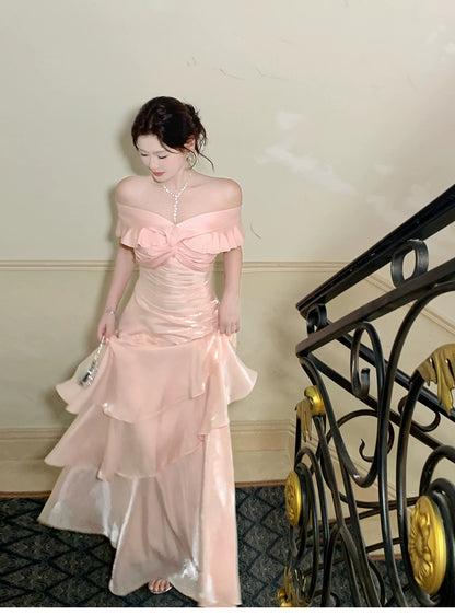 Sexy Mermaid Off The Shoulder Pink Fitted Floor Length Cruise Ship Formal Night Prom Dresses 19th Birthday Outfit RB5769