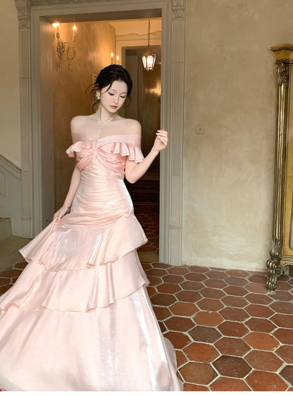 Sexy Mermaid Off The Shoulder Pink Fitted Floor Length Cruise Ship Formal Night Prom Dresses 19th Birthday Outfit RB5769