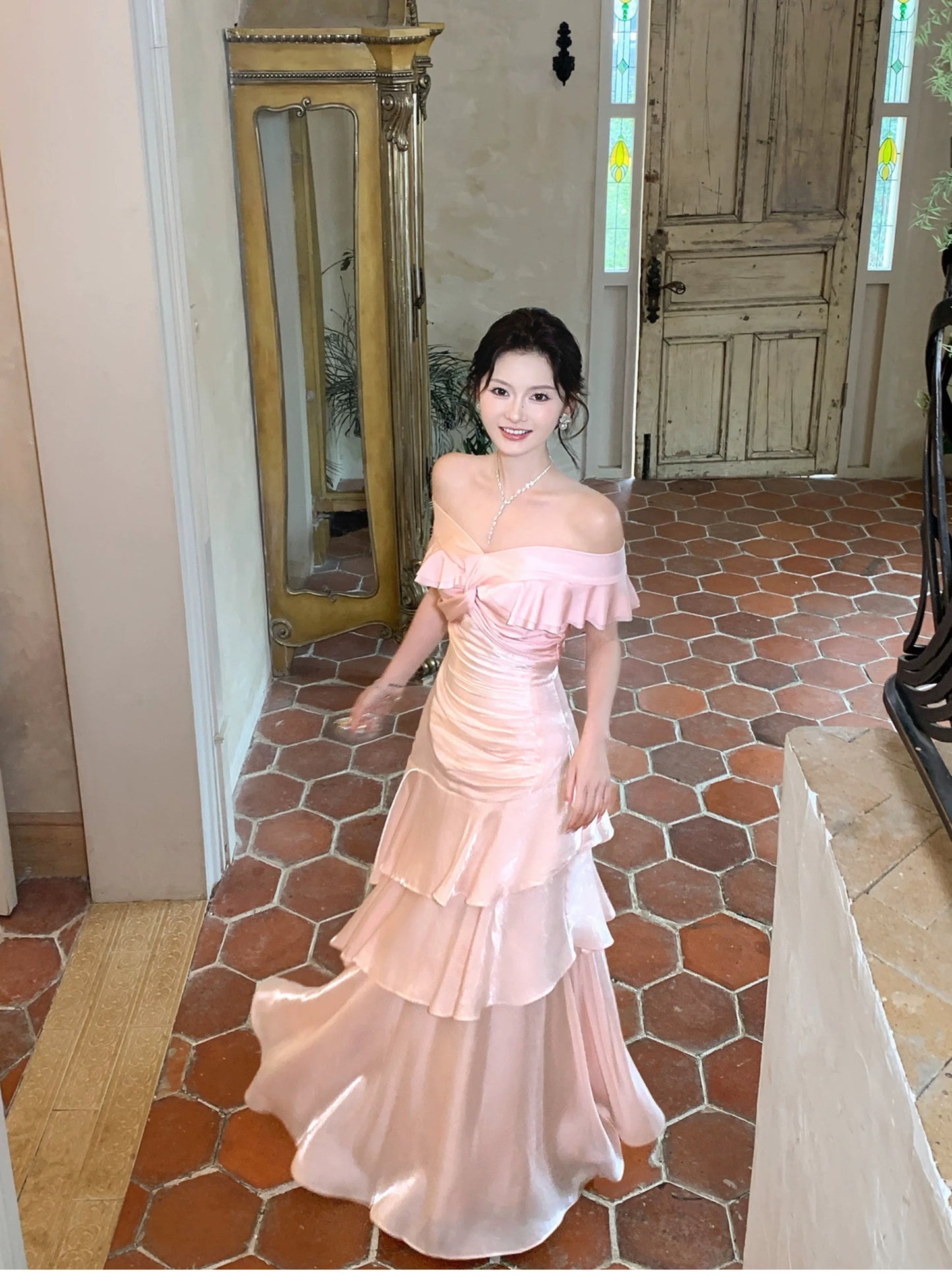 Sexy Mermaid Off The Shoulder Pink Fitted Floor Length Cruise Ship Formal Night Prom Dresses 19th Birthday Outfit RB5769
