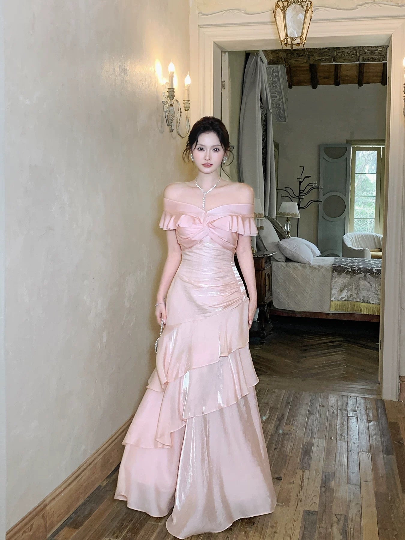 Sexy Mermaid Off The Shoulder Pink Fitted Floor Length Cruise Ship Formal Night Prom Dresses 19th Birthday Outfit RB5769