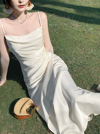 Maximalist Mermaid Spaghetti Strap White Cruise Ship Formal Night Evening Dresses Long Birthday Outfit RB3848