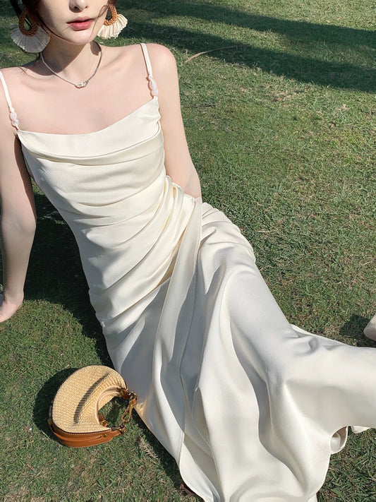 Maximalist Mermaid Spaghetti Strap White Cruise Ship Formal Night Evening Dresses Long Birthday Outfit RB3848