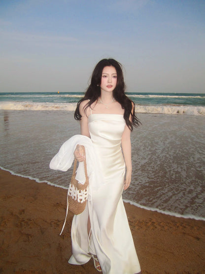 Modest Mermaid Spaghetti Strap White Satin Sleeveless Spring Summer Event Outfits Wedding Guest Dresses RB3849