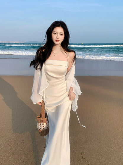 Modest Mermaid Spaghetti Strap White Satin Sleeveless Spring Summer Event Outfits Wedding Guest Dresses RB3849