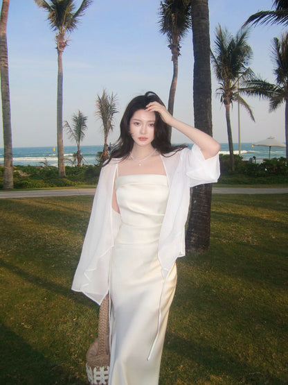 Modest Mermaid Spaghetti Strap White Satin Sleeveless Spring Summer Event Outfits Wedding Guest Dresses RB3849