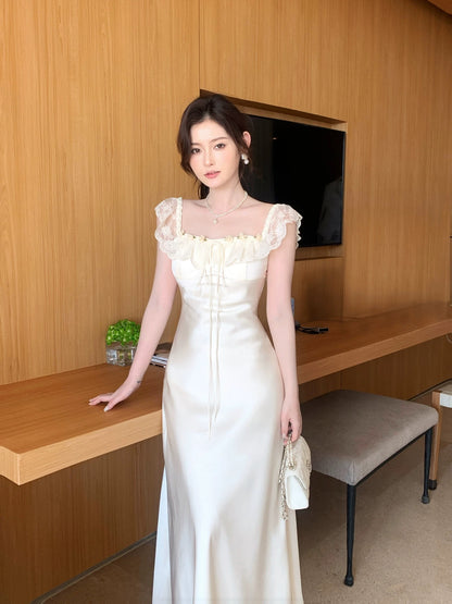 Modest Mermaid Square Neck White Satin Sleeveless Spring Summer Event Outfits Wedding Guest Dresses RB3850