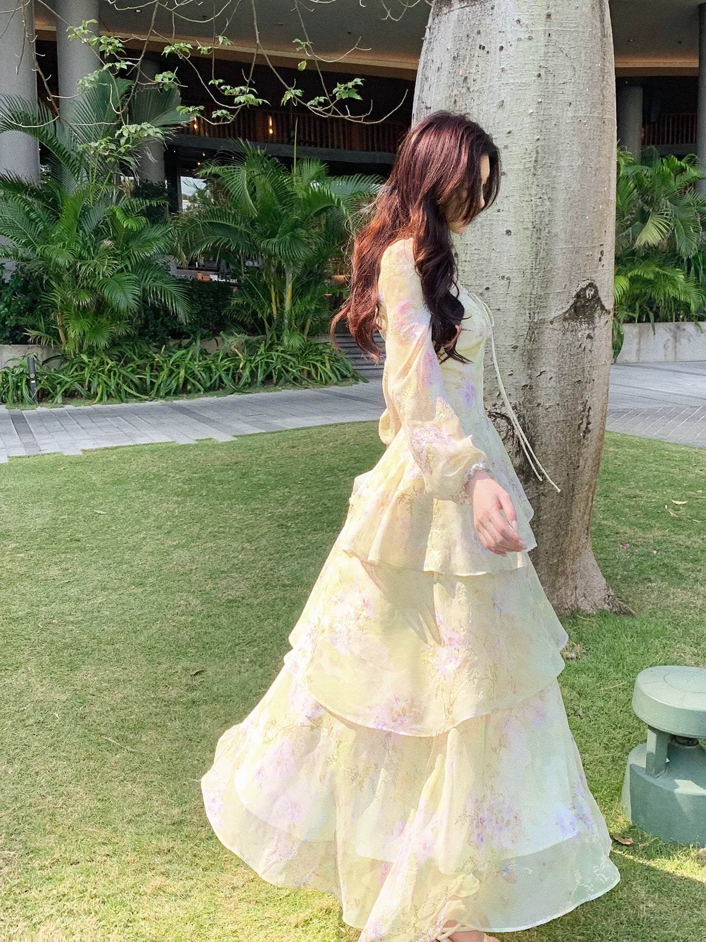 Modest A Line Square Neck Floral Chiffon With Long Sleeves Spring Summer Event Outfits Wedding Guest Dresses RB3851