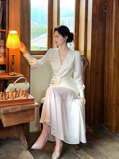 Modest Mermaid V Neck Ivory With Long Sleeves Spring Summer Event Outfits Wedding Guest Dresses RB3855