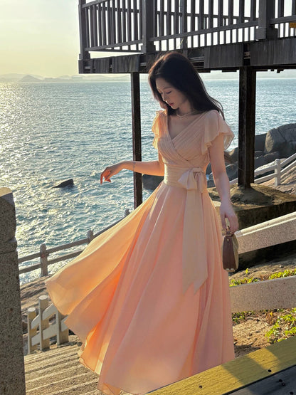 Modest A line V Neck Blush Pink Chiffon Spring Summer Event Outfits Wedding Guest Dresses RB3857