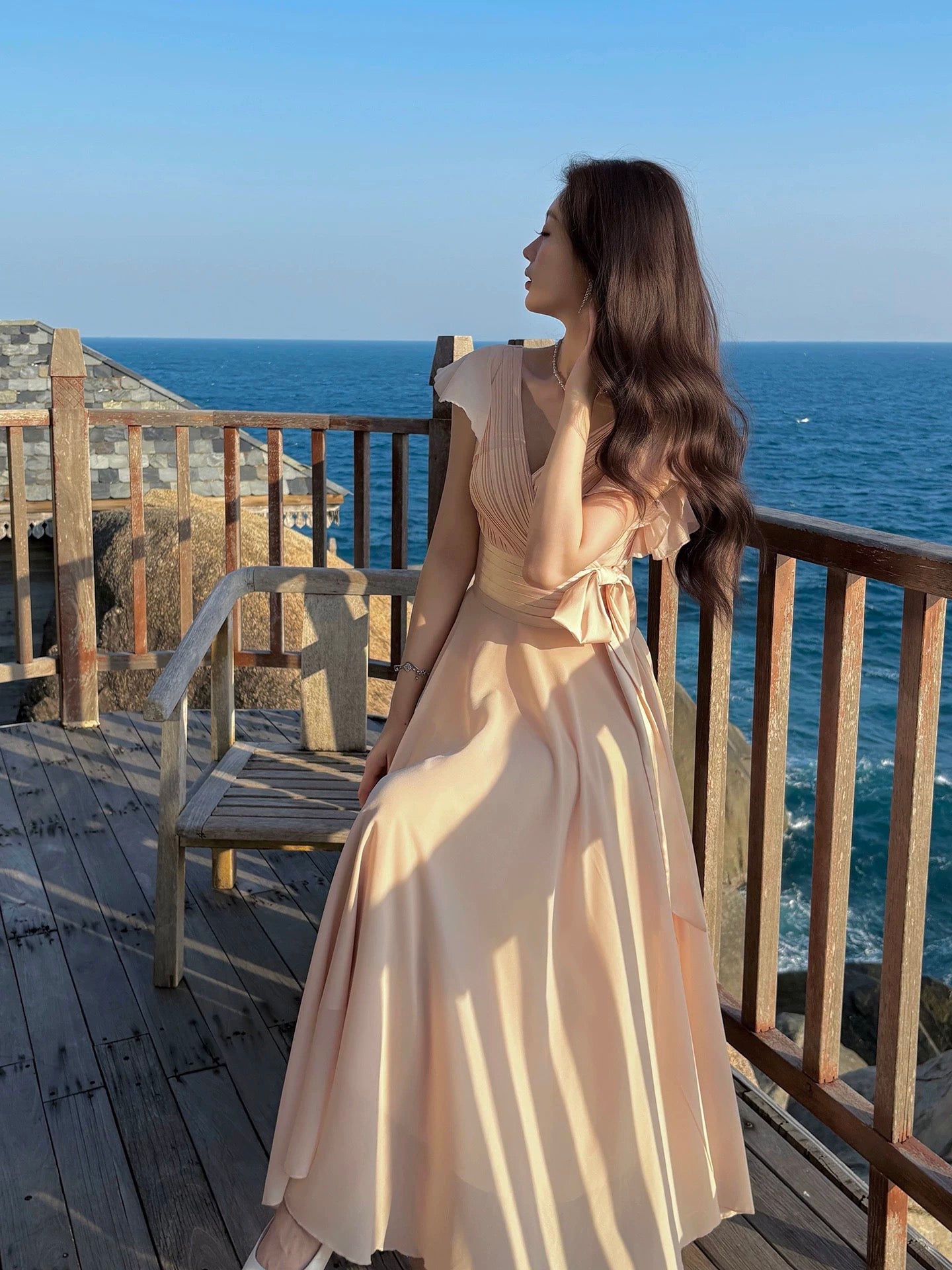 Modest A line V Neck Blush Pink Chiffon Spring Summer Event Outfits Wedding Guest Dresses RB3857