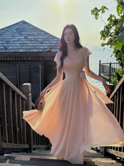 Modest A line V Neck Blush Pink Chiffon Spring Summer Event Outfits Wedding Guest Dresses RB3857