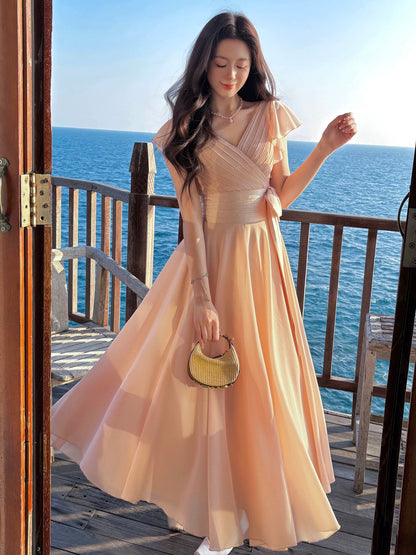Modest A line V Neck Blush Pink Chiffon Spring Summer Event Outfits Wedding Guest Dresses RB3857