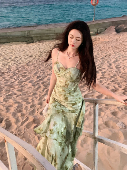 Flamboyant Mermaid Spaghetti Strap Floral Green Chiffon Cruise Ship Formal Night Evening Dresses 18th Birthday Outfit RB3859