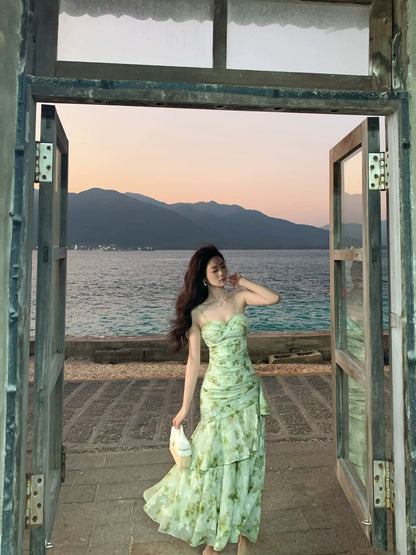 Flamboyant Mermaid Spaghetti Strap Floral Green Chiffon Cruise Ship Formal Night Evening Dresses 18th Birthday Outfit RB3859