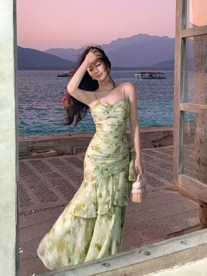 Flamboyant Mermaid Spaghetti Strap Floral Green Chiffon Cruise Ship Formal Night Evening Dresses 18th Birthday Outfit RB3859