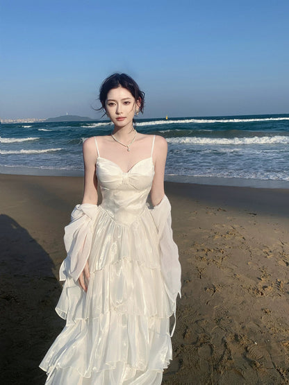 Simple A line Spaghetti Strap White Cruise Ship Formal Night Evening Dresses 20th Birthday Outfit RB3861