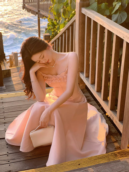 Modest A line Spaghetti Strap Blush Pink Tea Length Spring Summer Event Outfits Wedding Guest Dresses RB3863