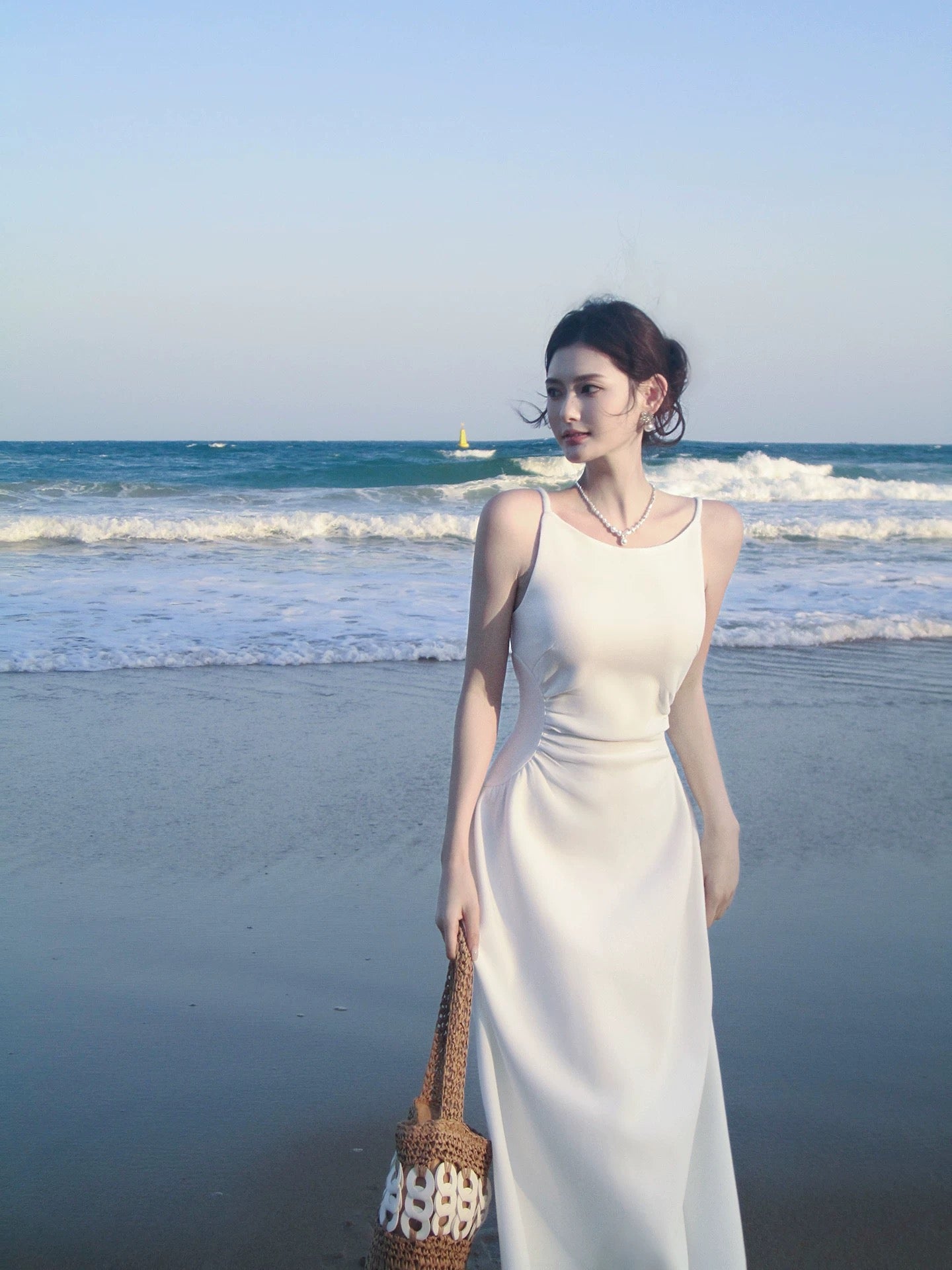 Pretty A Line Spaghetti Strap White Mid Length Spring Summer Event Outfits Wedding Guest Dresses RB3867