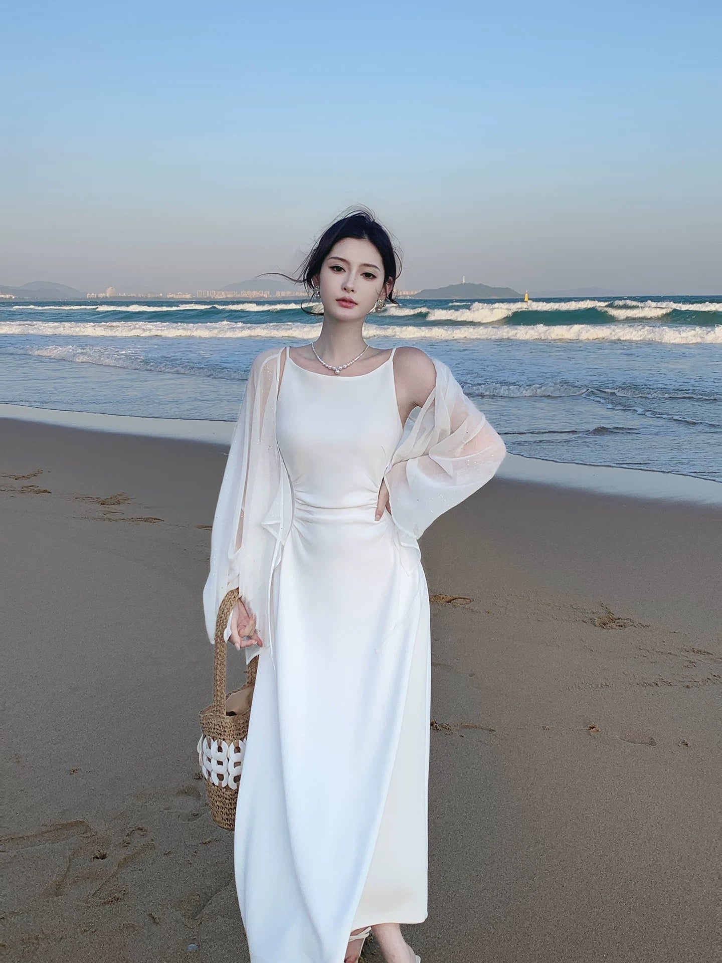 Pretty A Line Spaghetti Strap White Mid Length Spring Summer Event Outfits Wedding Guest Dresses RB3867