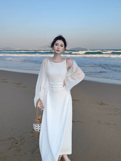 Pretty A Line Spaghetti Strap White Mid Length Spring Summer Event Outfits Wedding Guest Dresses RB3867