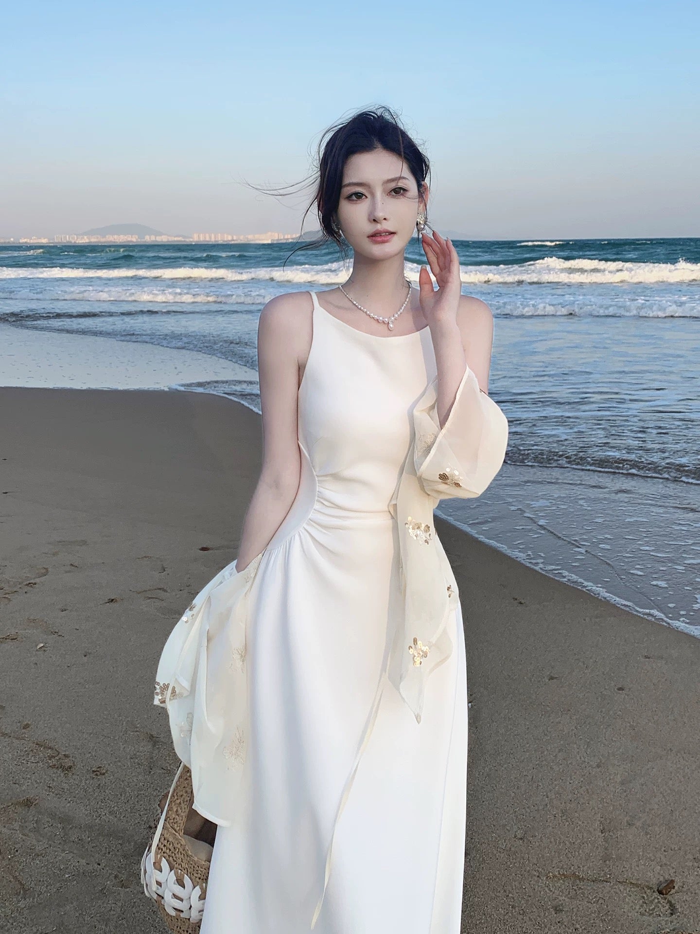 Pretty A Line Spaghetti Strap White Mid Length Spring Summer Event Outfits Wedding Guest Dresses RB3867