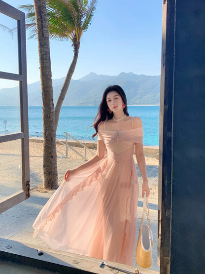 Pretty A Line Spaghetti Strap Pink Chiffon Spring Summer Event Outfits Wedding Guest Dresses RB3868