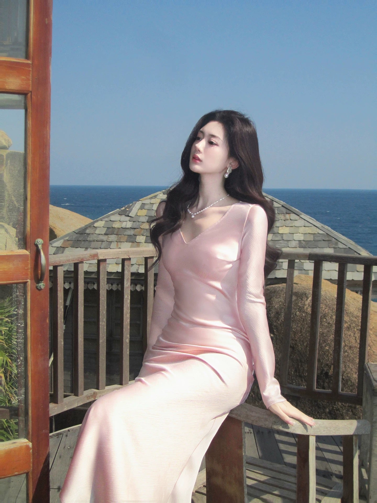 Pretty Mermaid V Neck With Long Sleeves Pink Spring Summer Event Outfits Wedding Guest Dresses RB3869