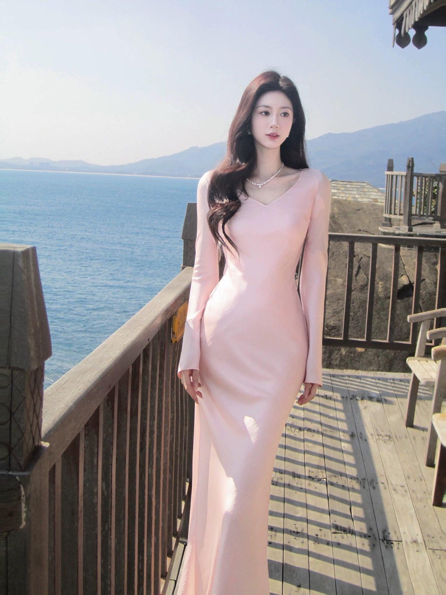 Pretty Mermaid V Neck With Long Sleeves Pink Spring Summer Event Outfits Wedding Guest Dresses RB3869