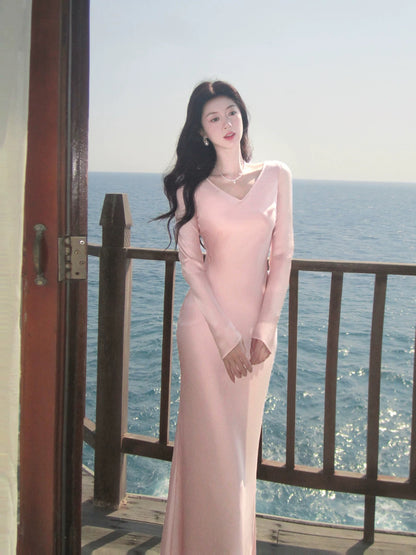 Pretty Mermaid V Neck With Long Sleeves Pink Spring Summer Event Outfits Wedding Guest Dresses RB3869
