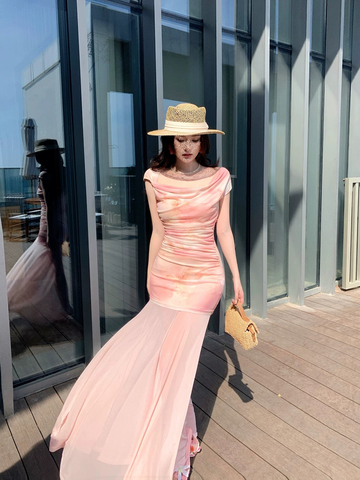 Pretty Mermaid Cowl Neck Pink Spring Summer Event Outfits Wedding Guest Dresses RB3872
