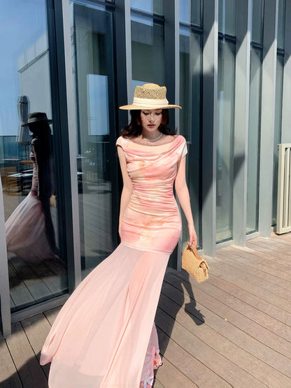 Pretty Mermaid Cowl Neck Pink Spring Summer Event Outfits Wedding Guest Dresses RB3872
