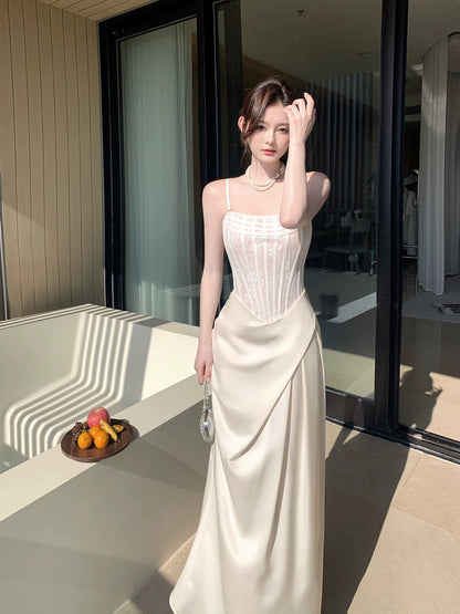 Simple Mermaid Spaghetti Strap White Satin Cruise Ship Formal Night Evening Dresses 20th Birthday Outfit RB3874