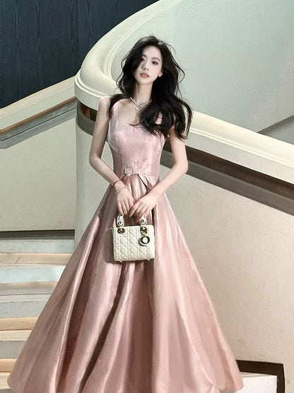 Pretty A line Square Neck Pink Spring Floral Summer Event Outfits Wedding Guest Dresses RB3878