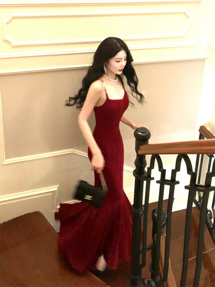 Simple Mermaid Spaghetti Strap Burgundy Cruise Ship Formal Night Evening Dresses 20th Long Birthday Outfit RB3879