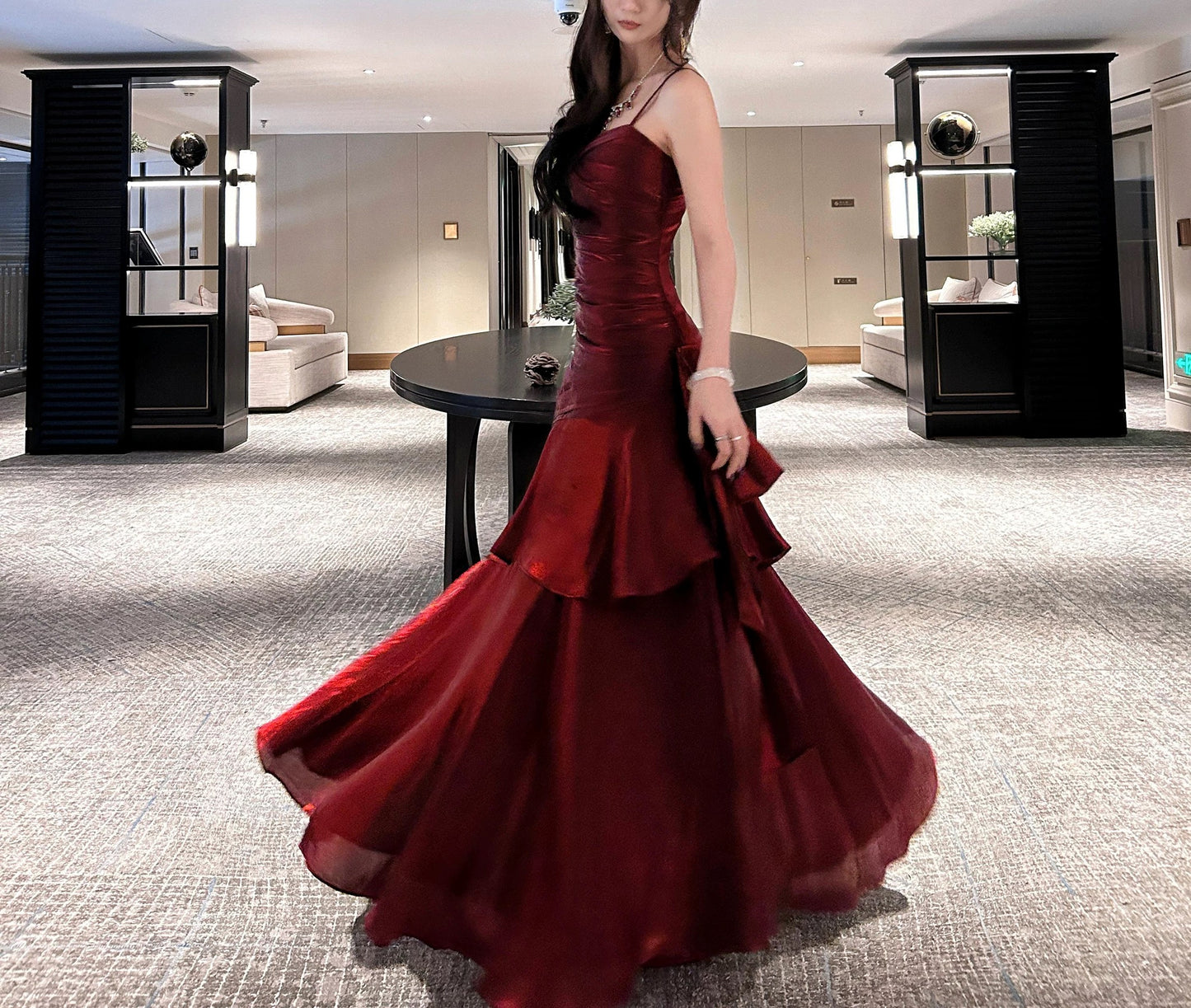 Modest Mermaid Spaghetti Strap Burgundy Cruise Ship Formal Night Evening Dresses 21st Long Birthday Outfit RB3881