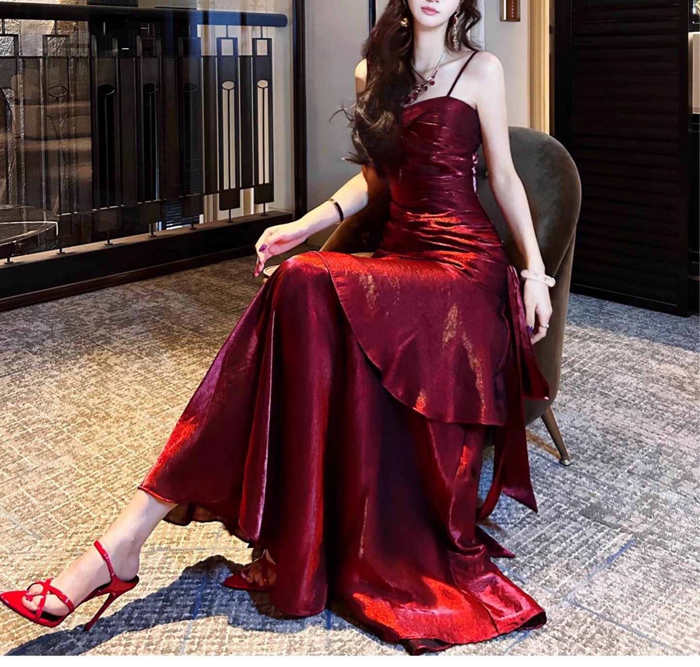Modest Mermaid Spaghetti Strap Burgundy Cruise Ship Formal Night Evening Dresses 21st Long Birthday Outfit RB3881