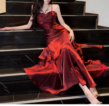 Modest Mermaid Spaghetti Strap Burgundy Wine Red Cruise Ship Formal Night Evening Dresses 21st Long Birthday Outfit RB3882