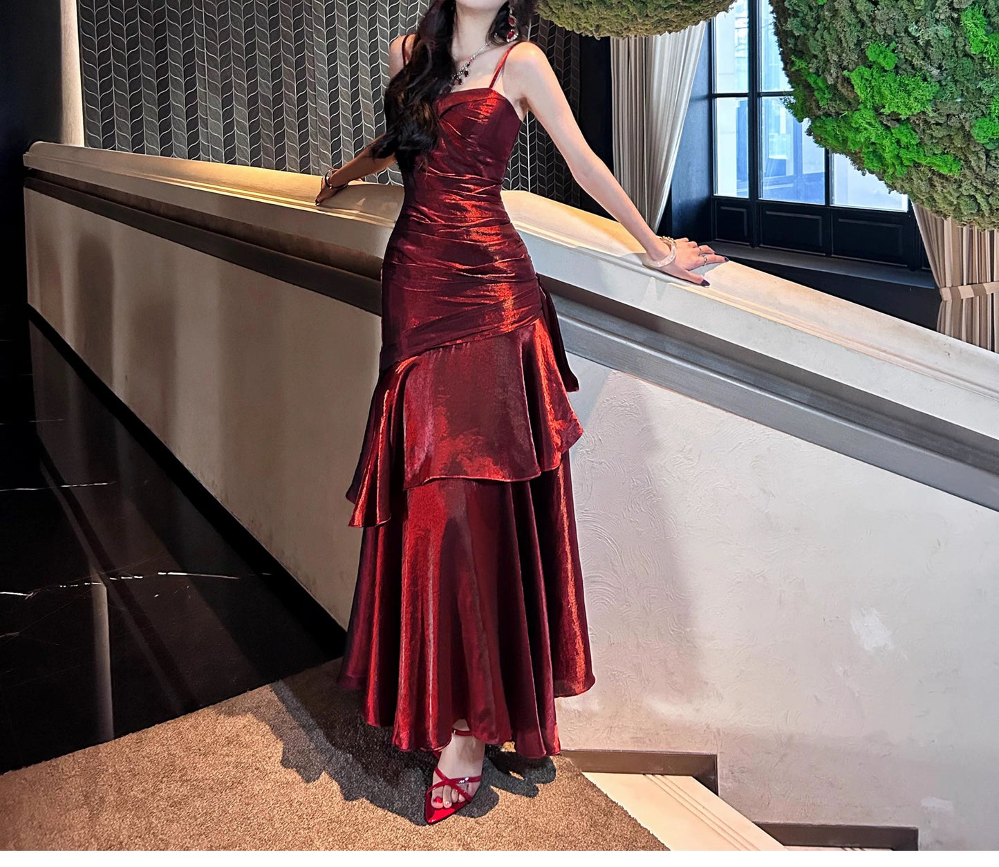 Modest Mermaid Spaghetti Strap Burgundy Wine Red Cruise Ship Formal Night Evening Dresses 21st Long Birthday Outfit RB3882