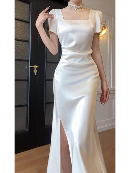 French Style Mermaid Square With Long Sleeves Spring Summer Event Outfits Wedding Guest Dresses RB3883